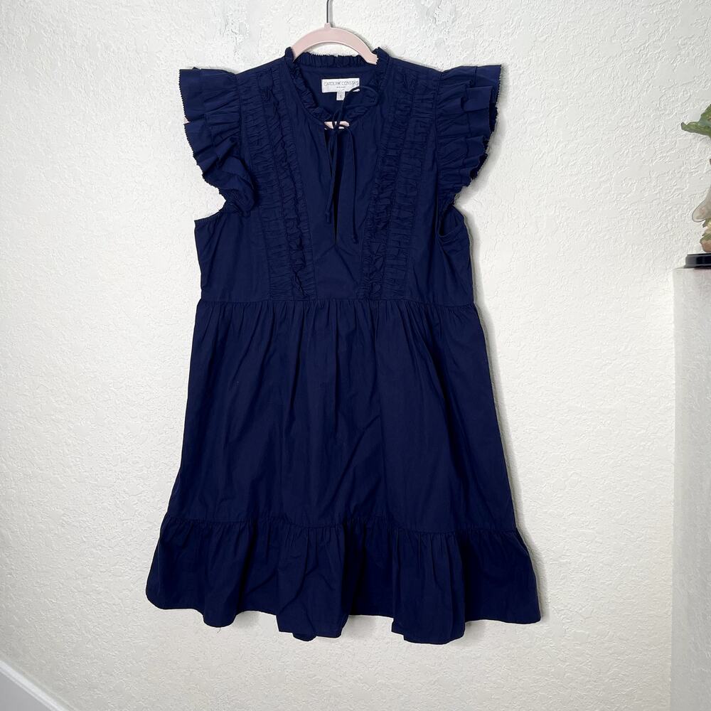 Caroline Constas Dress Small Navy Blue Ruffle Flutter Sleeve Cotton Mini